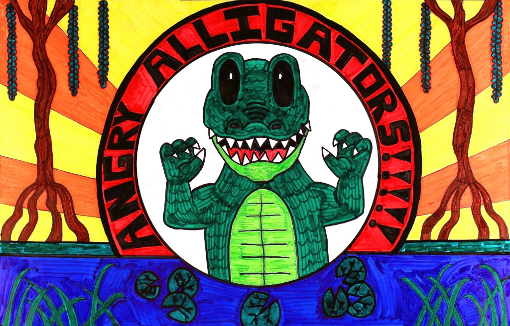 Angry Alligator Poster and logo. Logo will be sold on merchandise such as shirts, hoodies, and coffee mugs.